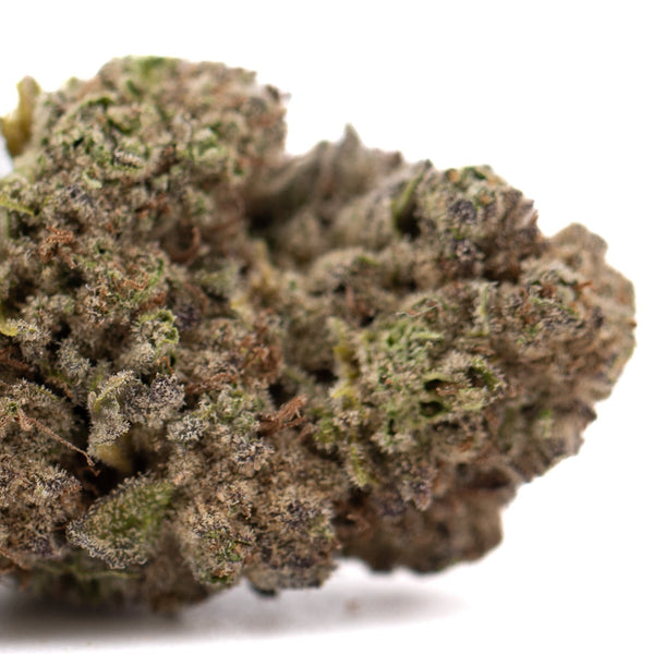 Premium Cali Burger THCa hemp flower bud with dense trichomes and purple-green hues