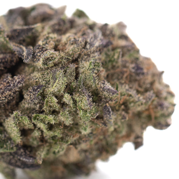 Greenhouse THCa hemp flower: Chicken & Waffles bud with purple trichomes