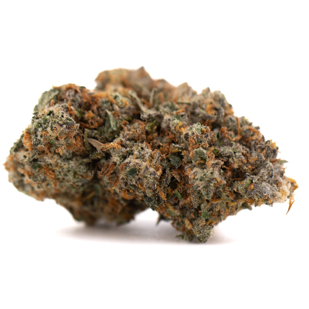 Nectarine Jelly THCa hemp flower bud with orange green hues and white trichomes