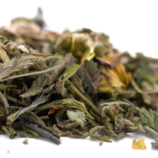 Zkittlez Cross hemp flower trim with green yellow leaves